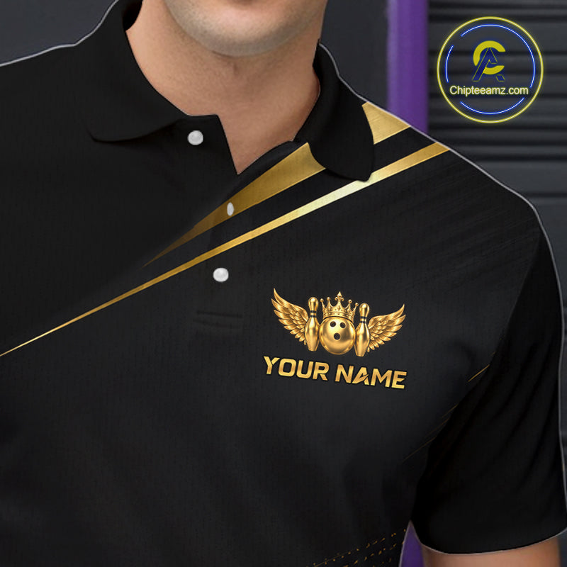 Custom Black & Gold Bowling Shirt Wings Crown Bowling League Jersey