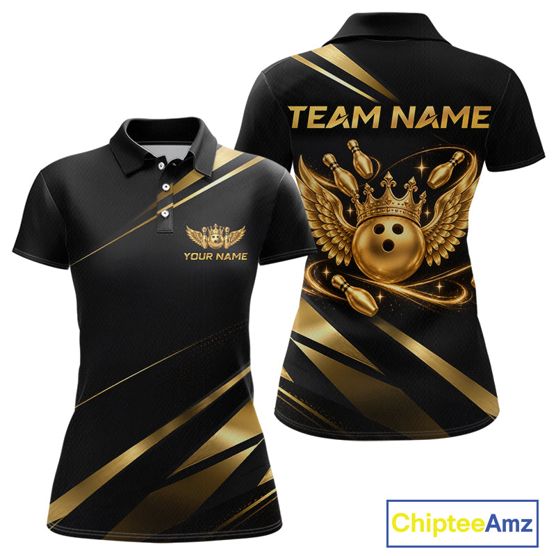 Custom Black & Gold Bowling Shirt Wings Crown Bowling League Jersey