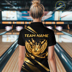 Custom Black & Gold Bowling Shirt Wings Crown Bowling League Jersey