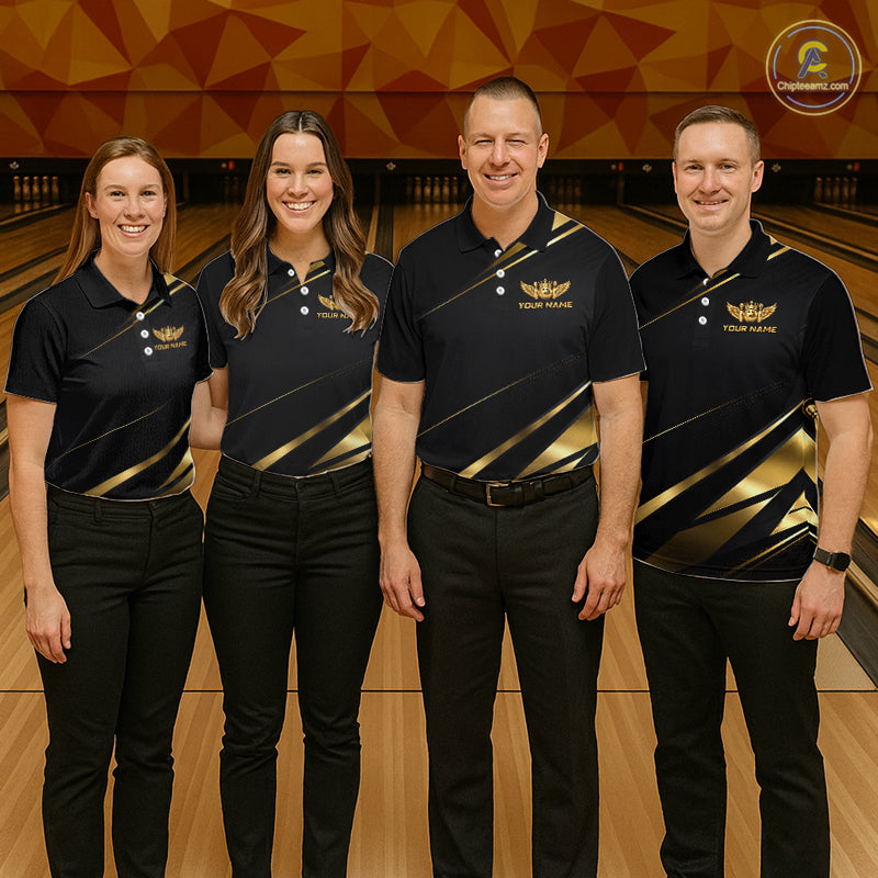 Custom Black & Gold Bowling Shirt Wings Crown Bowling League Jersey
