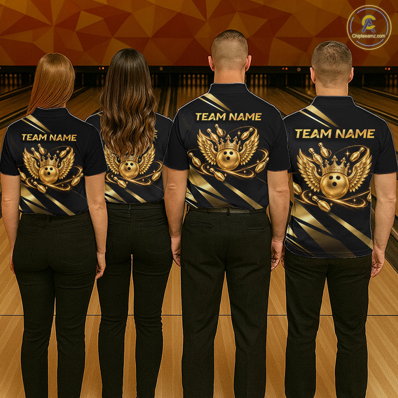 Custom Black & Gold Bowling Shirt Wings Crown Bowling League Jersey