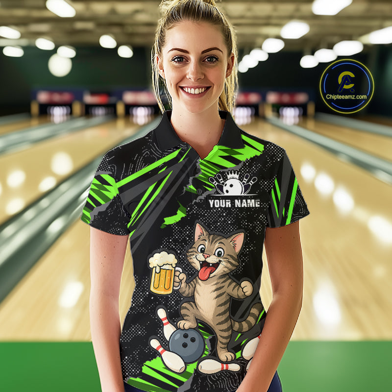 Custom Green Funny Cat Bowling Shirt Bowling Team Jersey