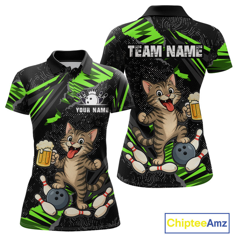 Custom Green Funny Cat Bowling Shirt Bowling Team Jersey