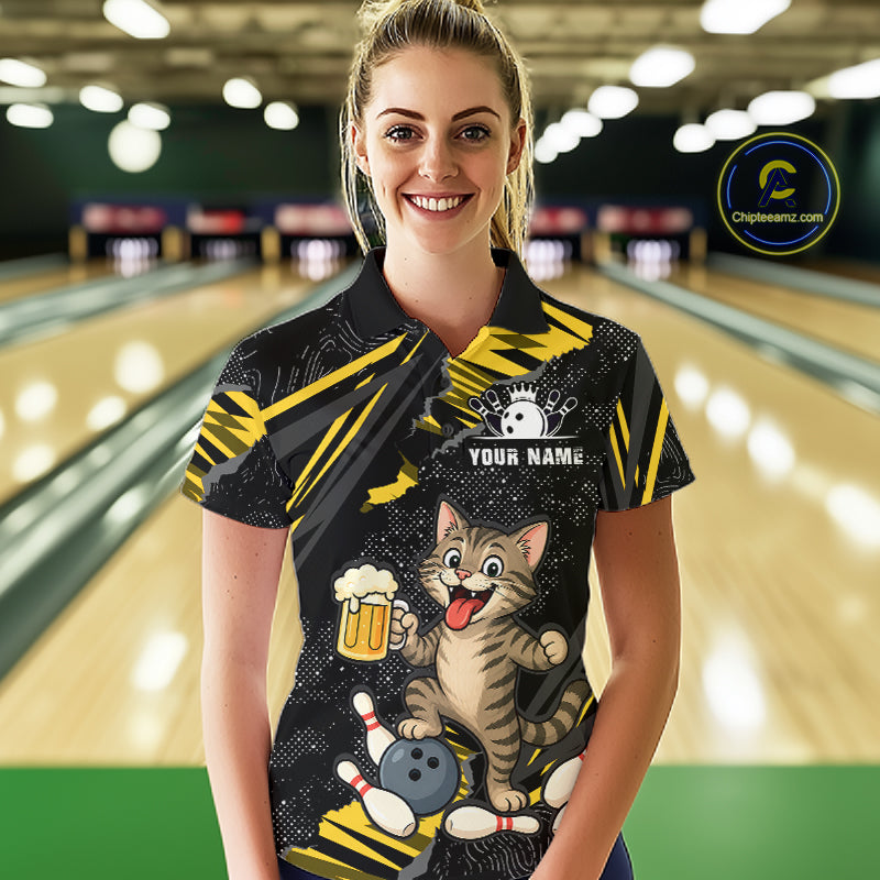 Custom Yellow Funny Cat Bowling Shirt Bowling Team Jersey