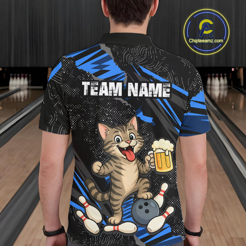 Custom Blue Funny Cat Bowling Shirt Bowling League Jersey