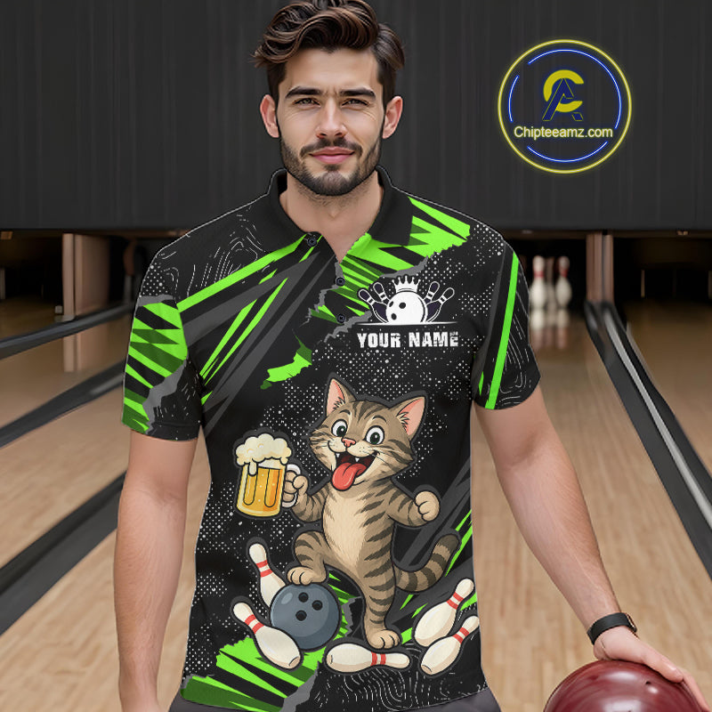 Custom Green Funny Cat Bowling Shirt Bowling Team Jersey
