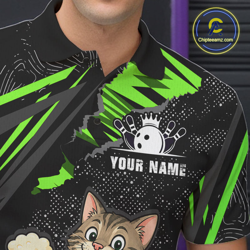 Custom Green Funny Cat Bowling Shirt Bowling Team Jersey