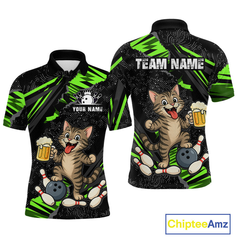 Custom Green Funny Cat Bowling Shirt Bowling Team Jersey