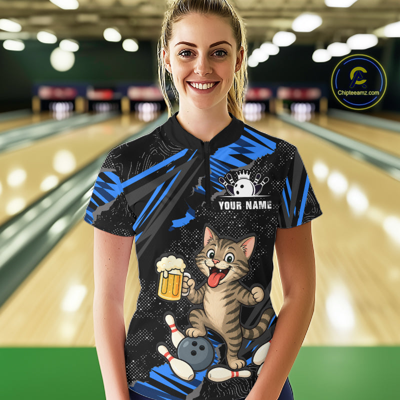 Custom Blue Funny Cat Bowling Shirt Bowling League Jersey