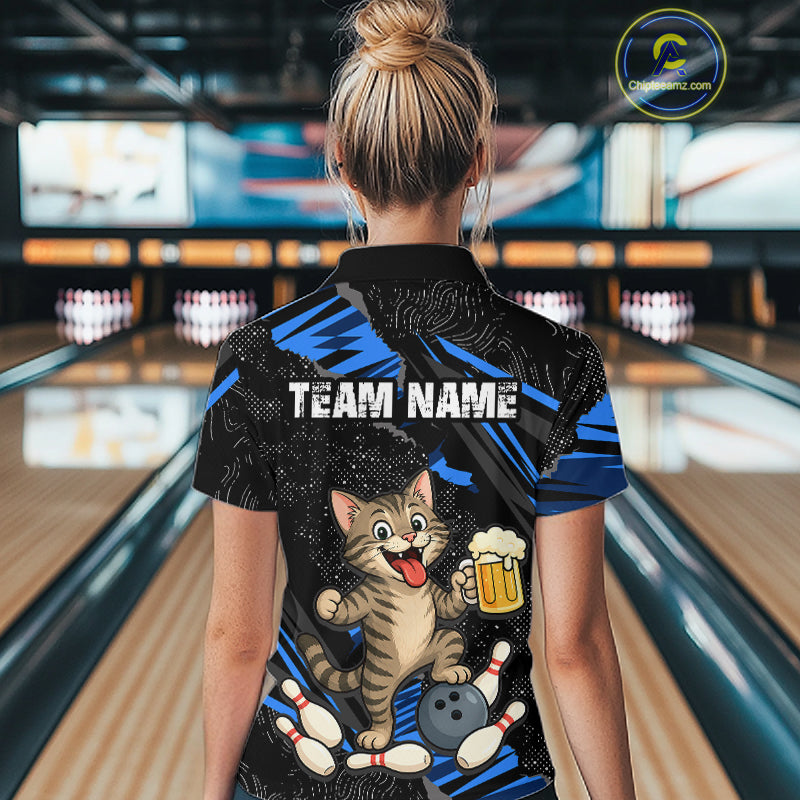 Custom Blue Funny Cat Bowling Shirt Bowling League Jersey