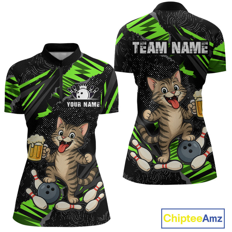 Custom Green Funny Cat Bowling Shirt Bowling Team Jersey