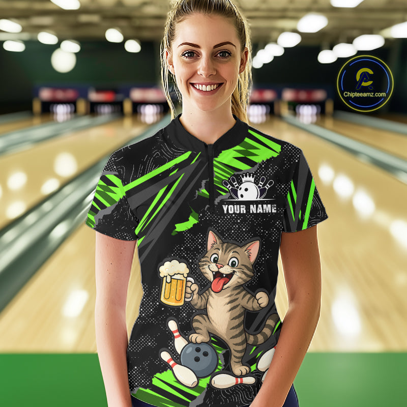 Custom Green Funny Cat Bowling Shirt Bowling Team Jersey