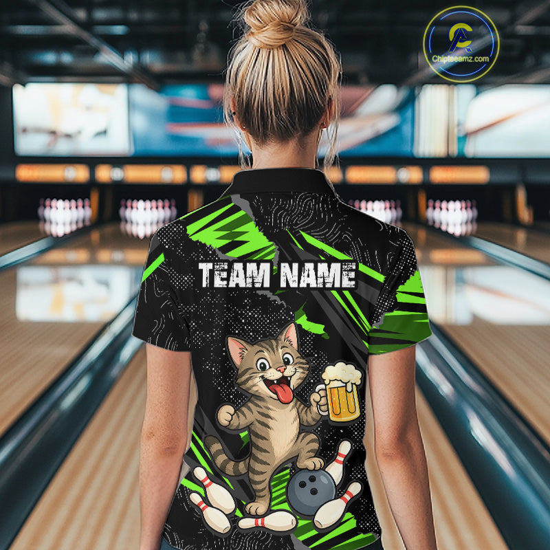 Custom Green Funny Cat Bowling Shirt Bowling Team Jersey