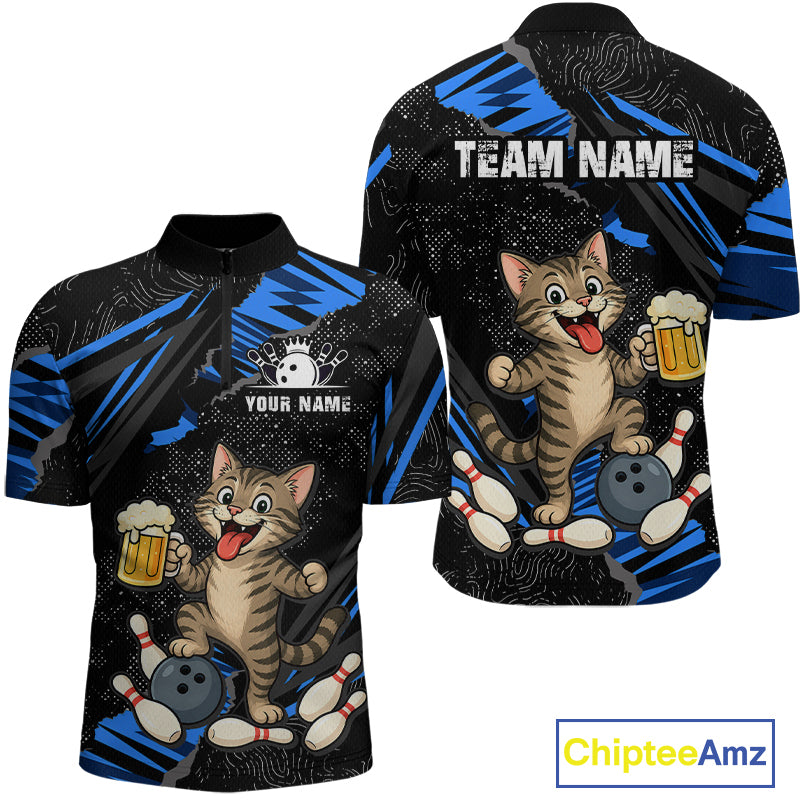 Custom Blue Funny Cat Bowling Shirt Bowling League Jersey