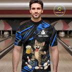 Custom Blue Funny Cat Bowling Shirt Bowling League Jersey