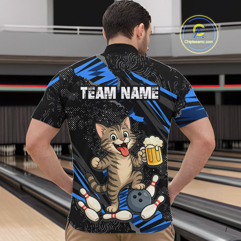 Custom Blue Funny Cat Bowling Shirt Bowling League Jersey