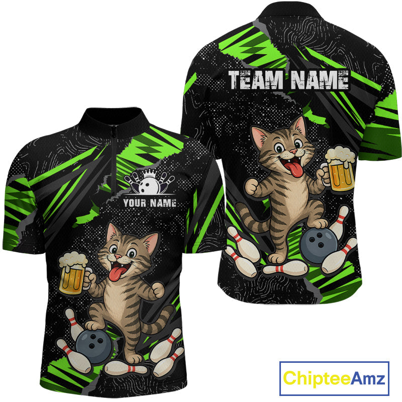 Custom Green Funny Cat Bowling Shirt Bowling Team Jersey