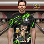 Custom Green Funny Cat Bowling Shirt Bowling Team Jersey
