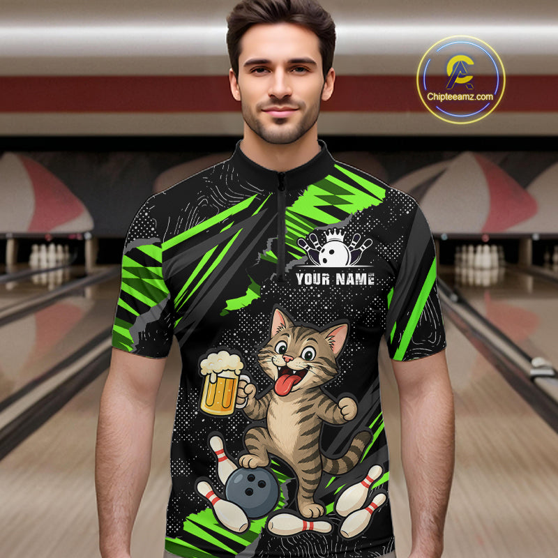 Custom Green Funny Cat Bowling Shirt Bowling Team Jersey