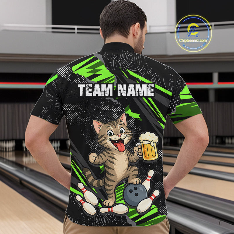 Custom Green Funny Cat Bowling Shirt Bowling Team Jersey