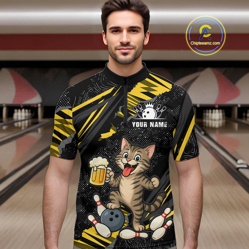 Custom Yellow Funny Cat Bowling Shirt Bowling Team Jersey