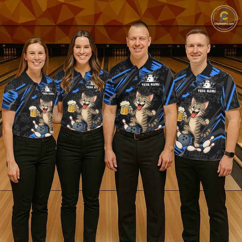 Custom Blue Funny Cat Bowling Shirt Bowling League Jersey