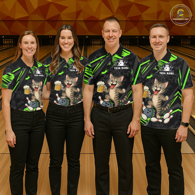 Custom Green Funny Cat Bowling Shirt Bowling Team Jersey