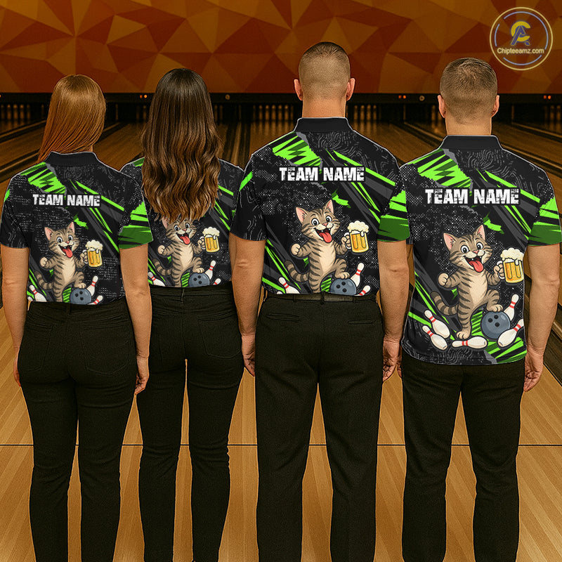 Custom Green Funny Cat Bowling Shirt Bowling Team Jersey