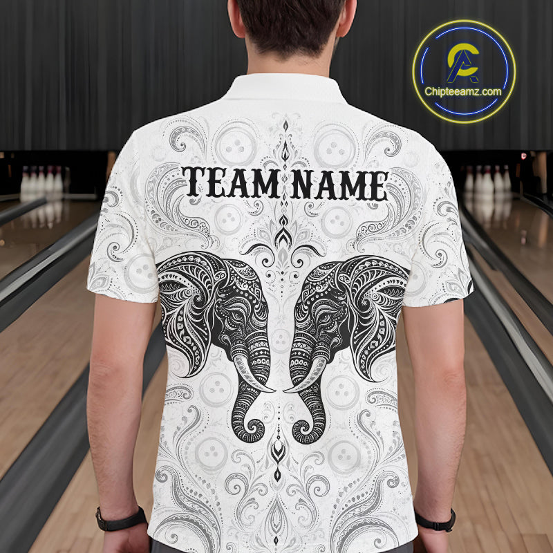 Custom Black & White Tribal Elephant Bowling Team Shirt Bowling Jersey Polo & 1/4-Zip
