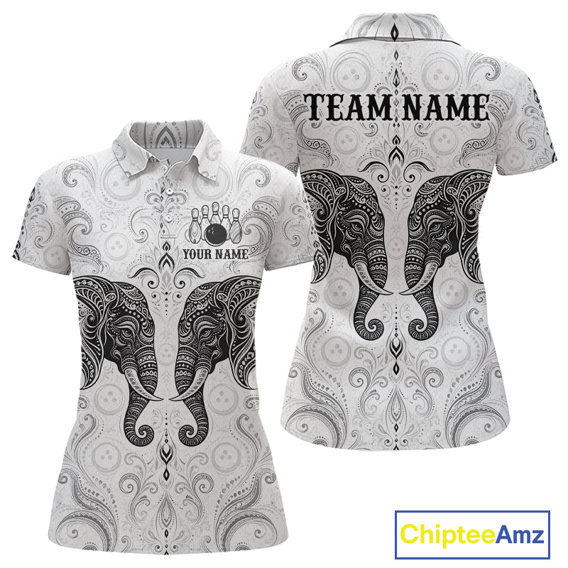Custom Black & White Tribal Elephant Bowling Team Shirt Bowling Jersey Polo & 1/4-Zip
