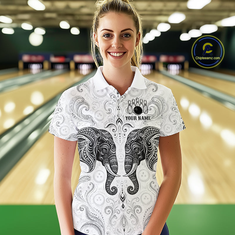 Custom Black & White Tribal Elephant Bowling Team Shirt Bowling Jersey Polo & 1/4-Zip