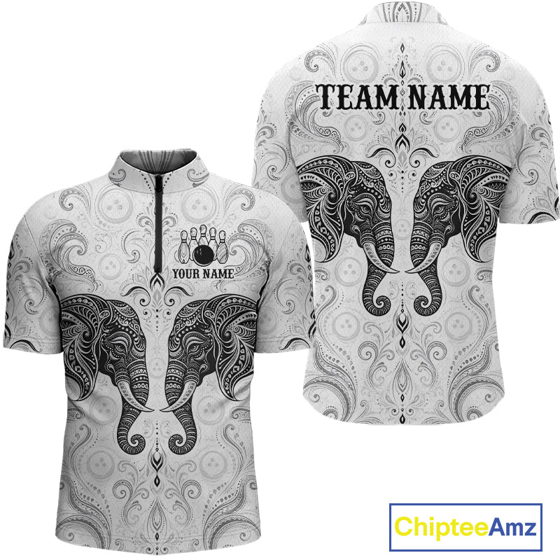 Custom Black & White Tribal Elephant Bowling Team Shirt Bowling Jersey Polo & 1/4-Zip
