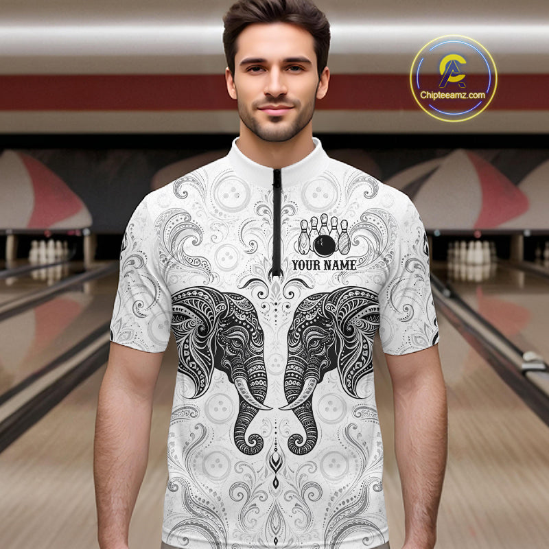 Custom Black & White Tribal Elephant Bowling Team Shirt Bowling Jersey Polo & 1/4-Zip
