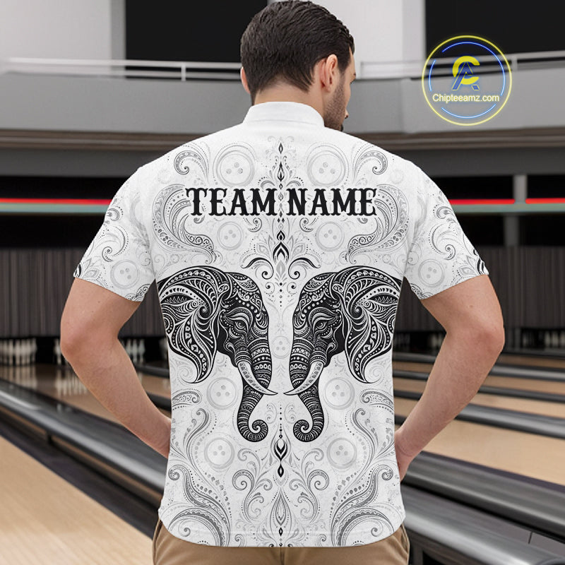 Custom Black & White Tribal Elephant Bowling Team Shirt Bowling Jersey Polo & 1/4-Zip