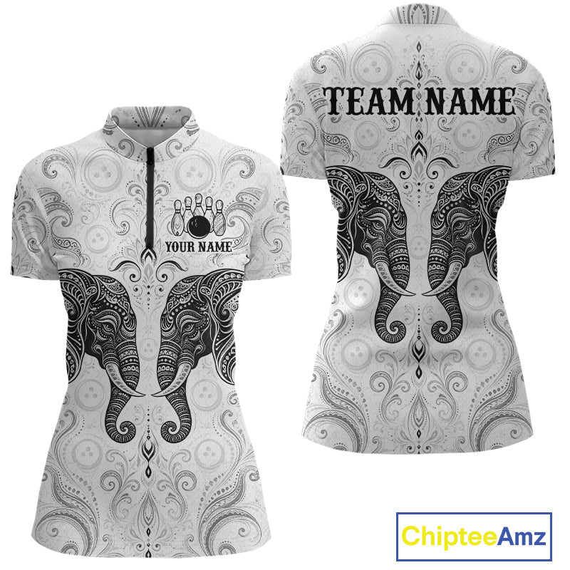 Custom Black & White Tribal Elephant Bowling Team Shirt Bowling Jersey Polo & 1/4-Zip