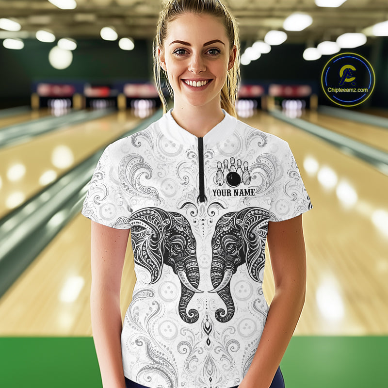 Custom Black & White Tribal Elephant Bowling Team Shirt Bowling Jersey Polo & 1/4-Zip