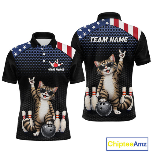 Custom American Flag Bowling Shirt League Funny Cat Bowling Team Jersey