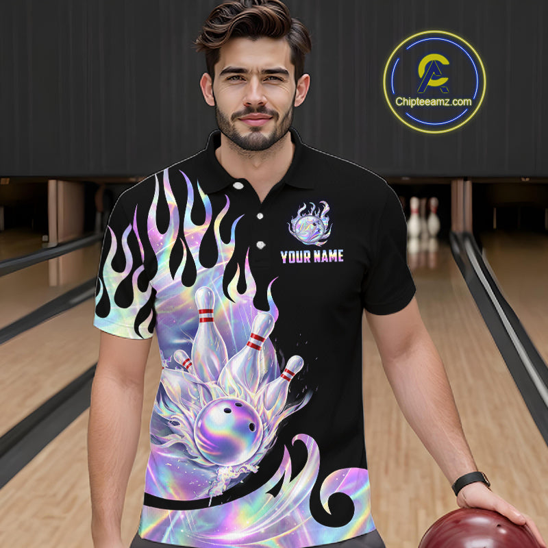 Custom Holographic Flame Bowling Shirt Bowling League Jersey Polo & 1/4-Zip