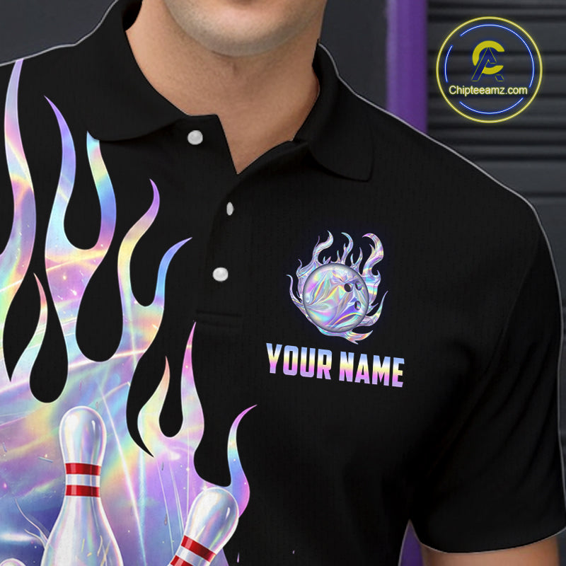 Custom Holographic Flame Bowling Shirt Bowling League Jersey Polo & 1/4-Zip