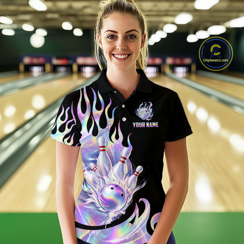 Custom Holographic Flame Bowling Shirt Bowling League Jersey Polo & 1/4-Zip