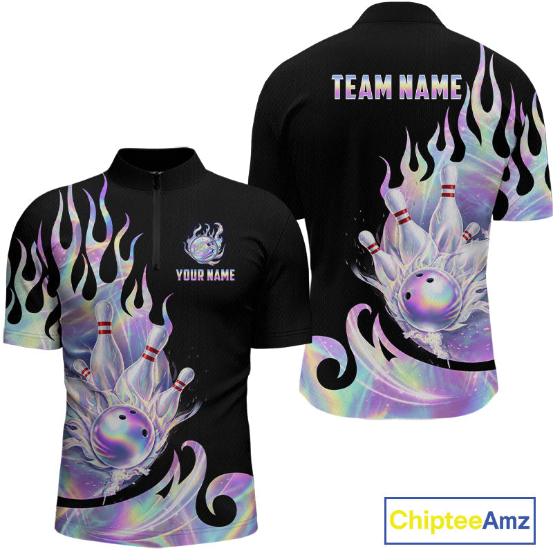 Custom Holographic Flame Bowling Shirt Bowling League Jersey Polo & 1/4-Zip