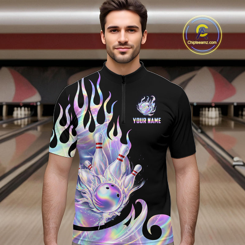 Custom Holographic Flame Bowling Shirt Bowling League Jersey Polo & 1/4-Zip