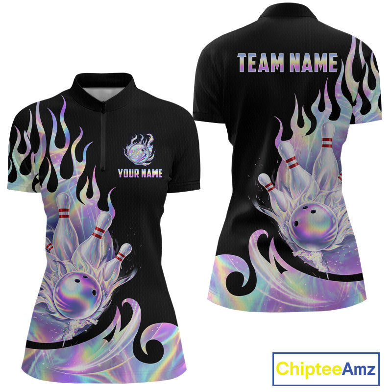 Custom Holographic Flame Bowling Shirt Bowling League Jersey Polo & 1/4-Zip