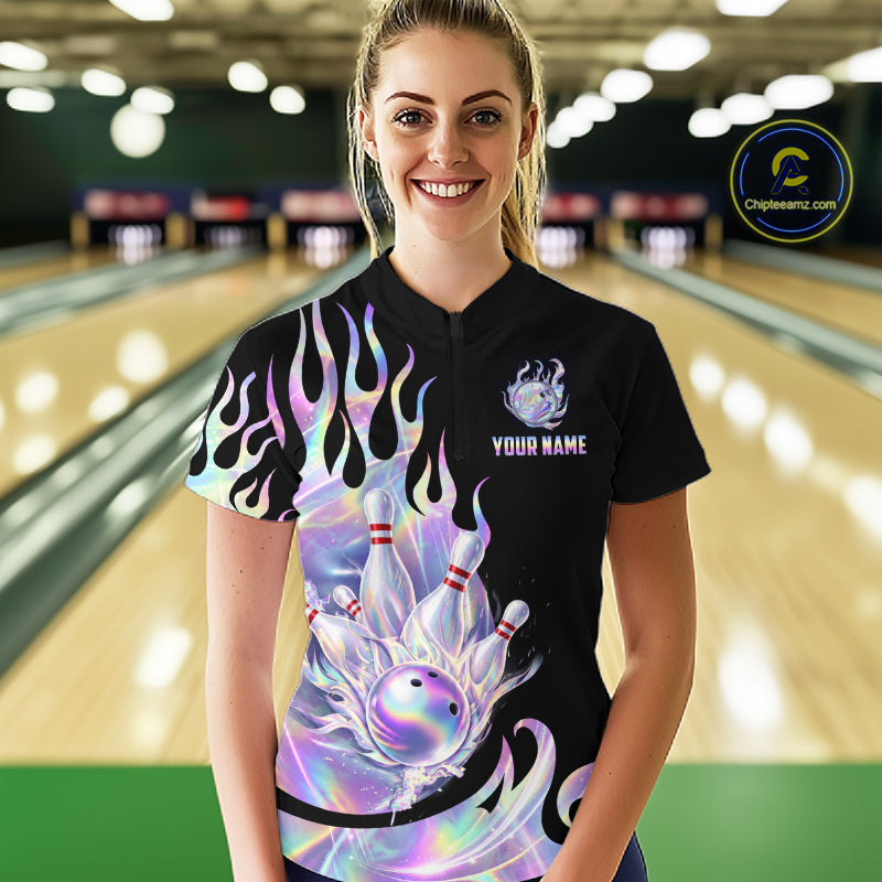 Custom Holographic Flame Bowling Shirt Bowling League Jersey Polo & 1/4-Zip
