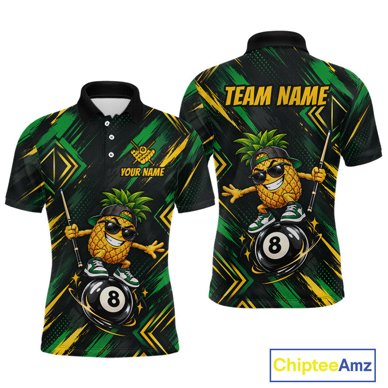 Custom Green Yellow Pineapple 8 Ball Billiard Shirt Funny Billiard Jerseys Polo & 1/4-Zip