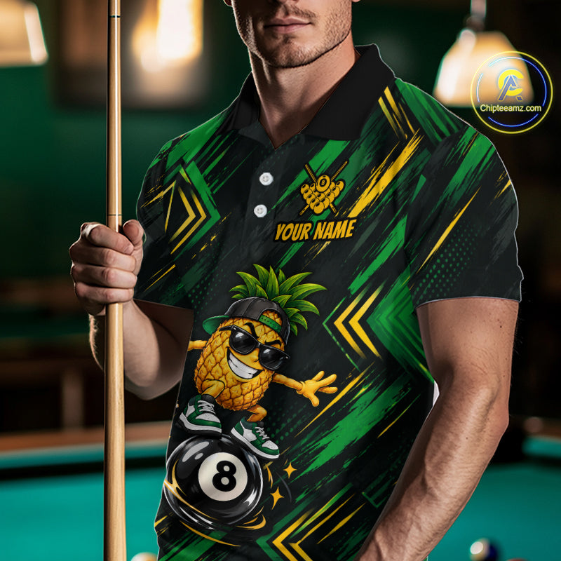 Custom Green Yellow Pineapple 8 Ball Billiard Shirt Funny Billiard Jerseys Polo & 1/4-Zip