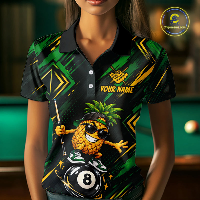 Custom Green Yellow Pineapple 8 Ball Billiard Shirt Funny Billiard Jerseys Polo & 1/4-Zip