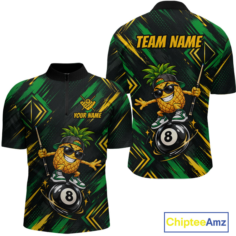 Custom Green Yellow Pineapple 8 Ball Billiard Shirt Funny Billiard Jerseys Polo & 1/4-Zip