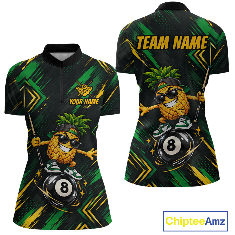 Custom Green Yellow Pineapple 8 Ball Billiard Shirt Funny Billiard Jerseys Polo & 1/4-Zip