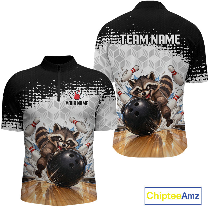 Custom Funny Raccoon Bowling Shirt Black White Bowling Jersey